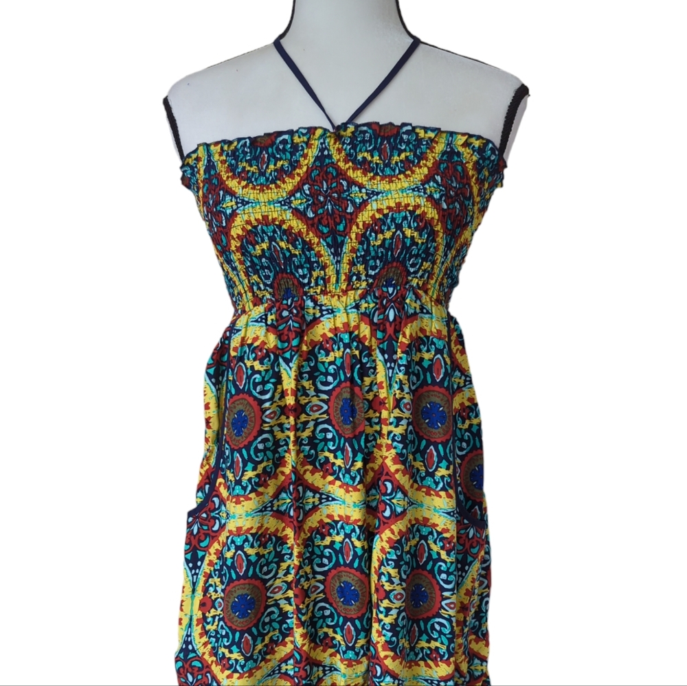 Band of Gypsies Smocked Halter Boho Maxi Dress SMALL Blue Yellow Hippie Gypsy
